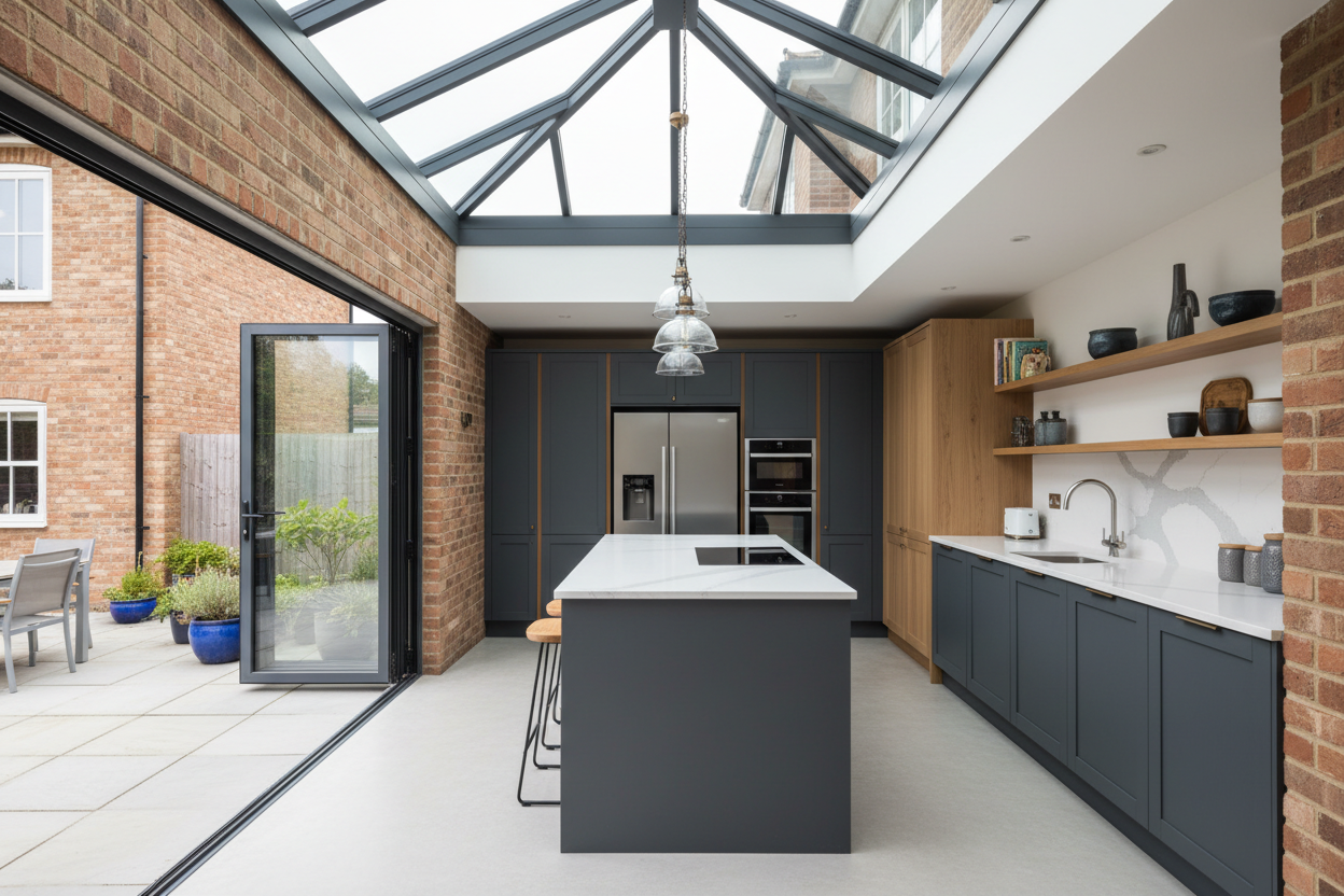 Completed glazed rear extension with a kitchen and direct access to the garden