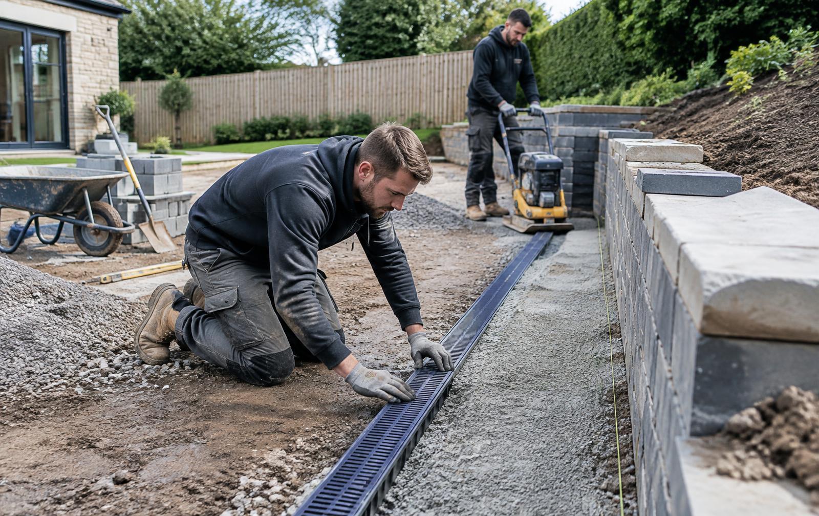 Skilled landscapers installing drainage and preparing a garden sub-base
