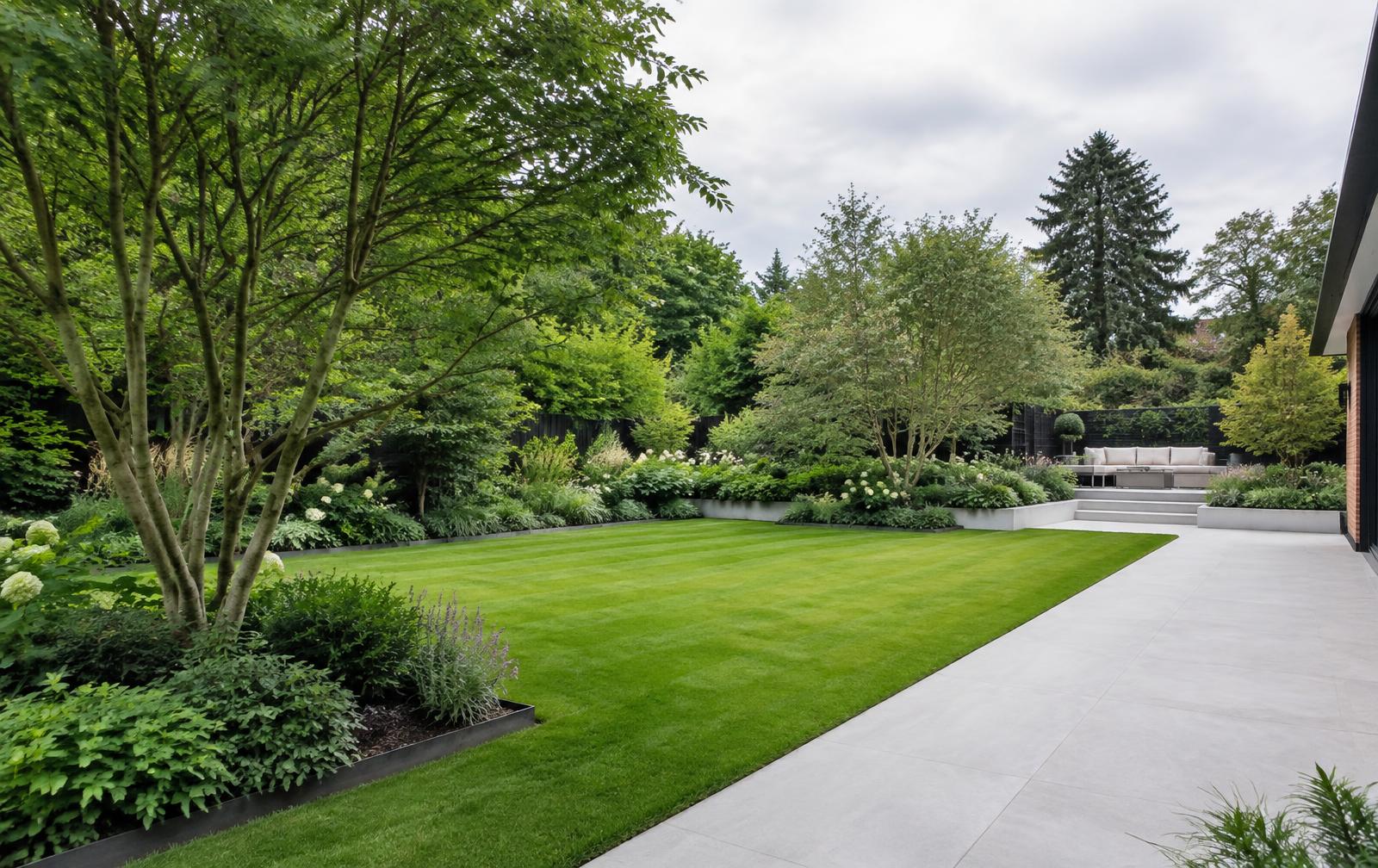 Landscaped garden with layered planting and lawn