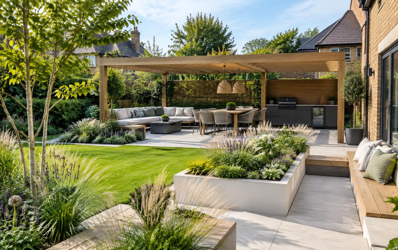Garden with a pergola, outdoor kitchen and planted terrace
