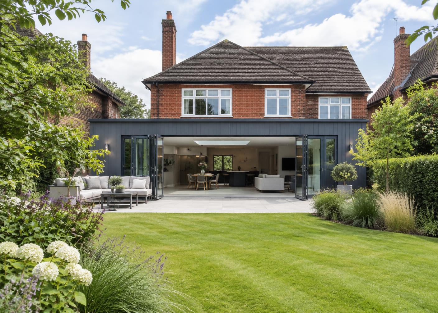 Modern single-storey rear extension with dark bifold doors opening onto a landscaped porcelain terrace in natural daylight