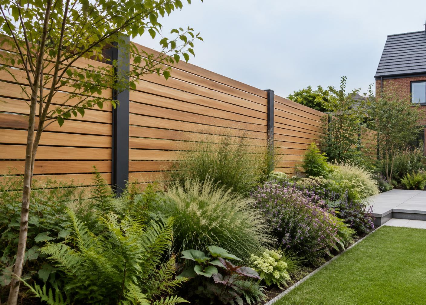 Contemporary horizontal slatted cedar fence with charcoal posts beside layered garden planting