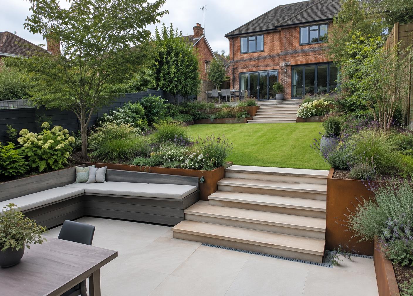 Tiered contemporary garden with broad steps, corten steel planters and a lush lawn