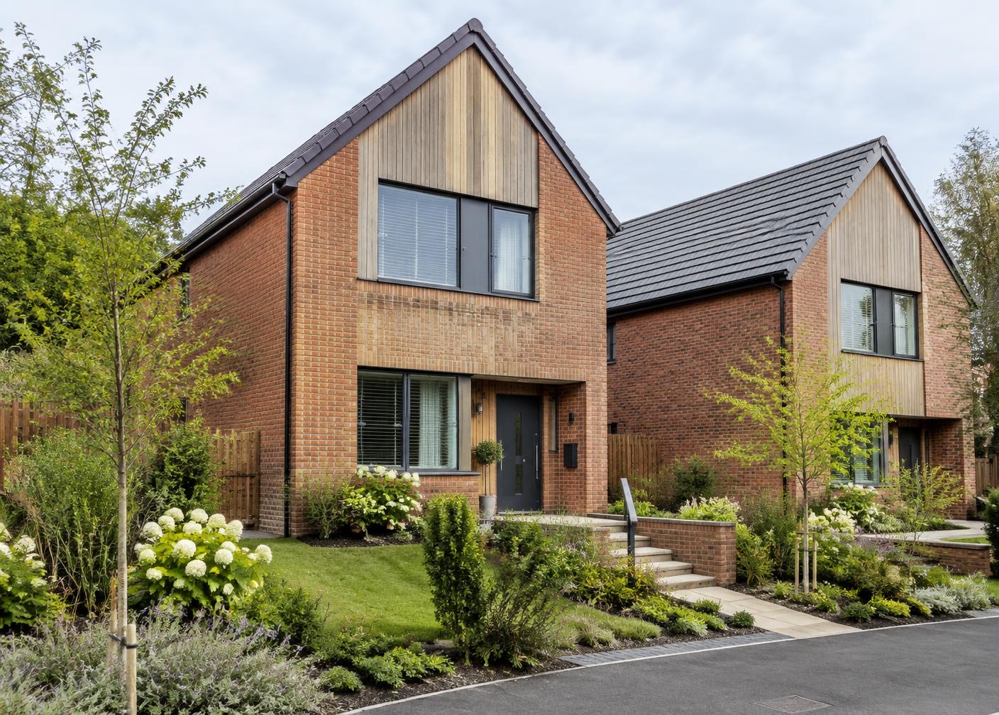Pair of newly built contemporary brick and timber-clad houses with landscaped front gardens