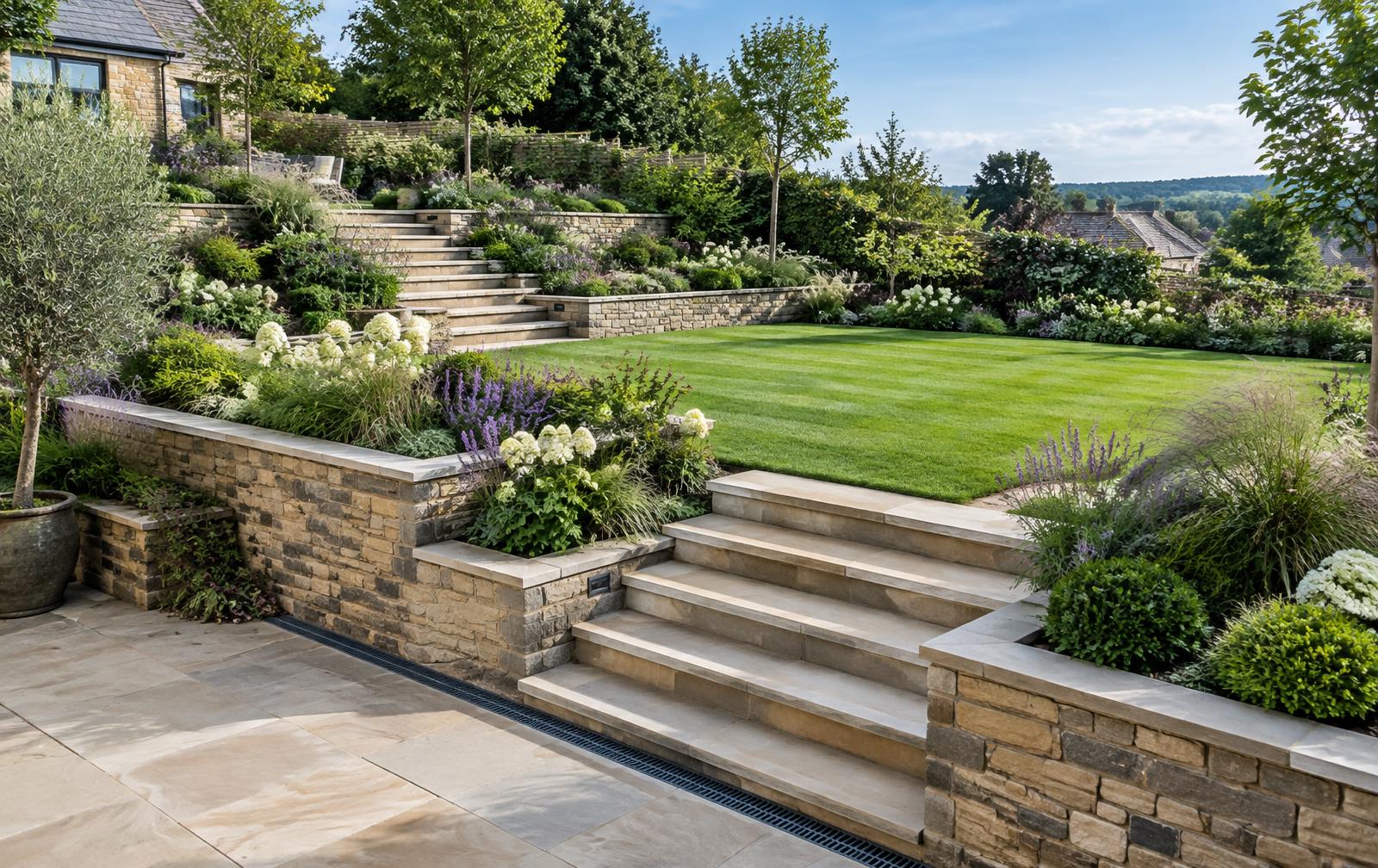 Sloping garden with retaining walls, broad steps, planting, lawn and linear drainage
